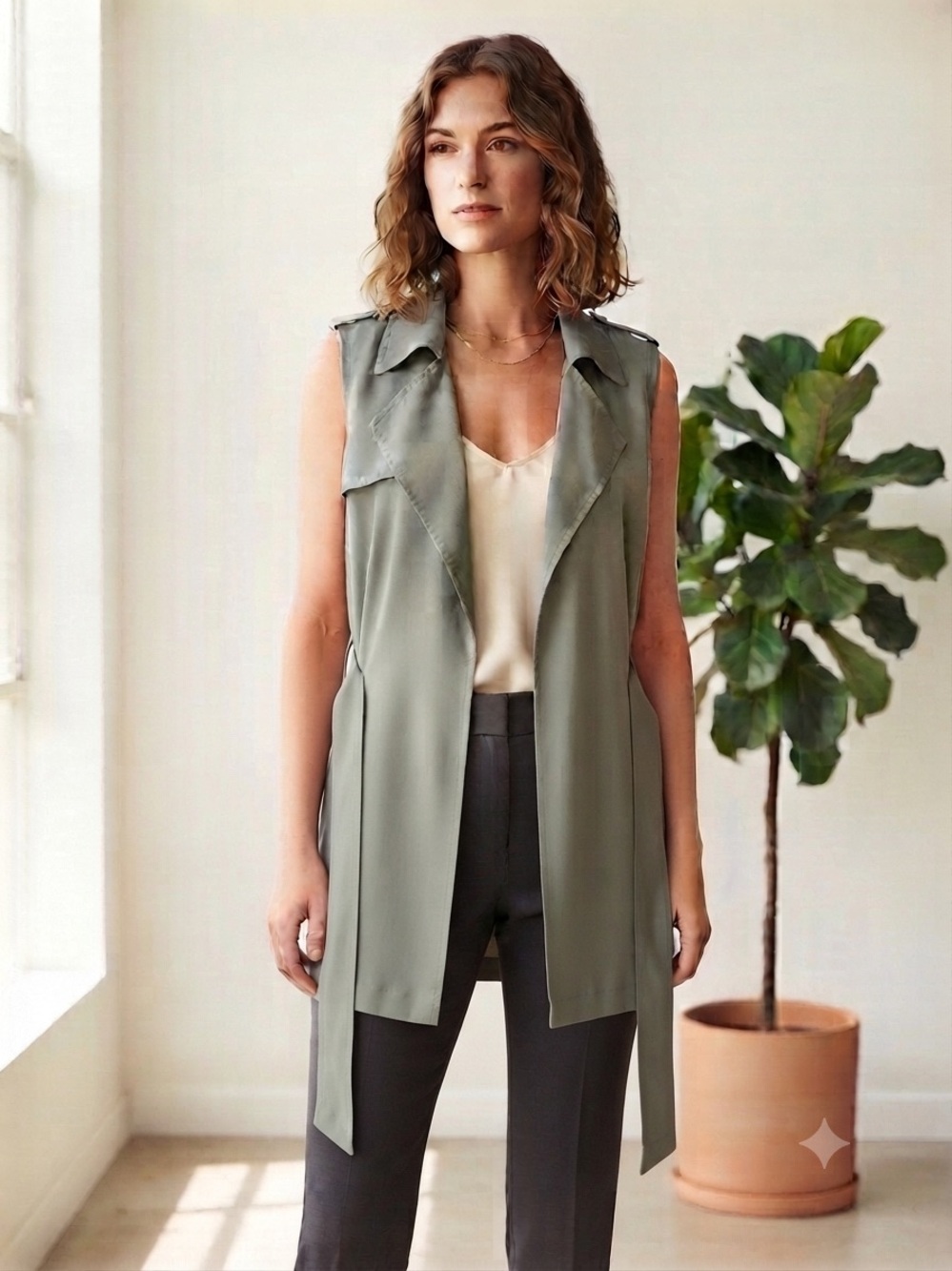 Anthropologie’s Drew Olive Green Draped Sleeveless Trench Vest Duster Medium